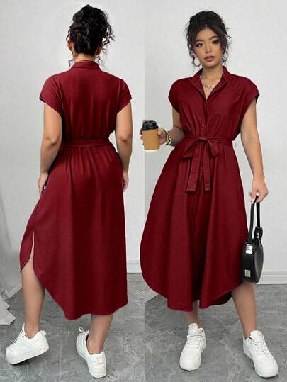 Elenzga Plus Size Women's Elegant Alice Fabric Shirt Collar Raglan Sleeve Waist Tie Bow Wooden Button Spring/Summer New Versatile Casual Club Fashionable Design Dress