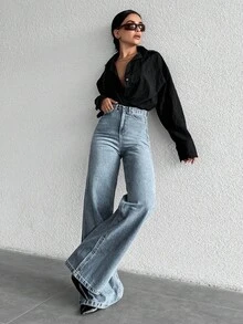 SHEIN 100%Cotton High Waist Wide Leg Jeans PETİTE - Baby Blue - View 4