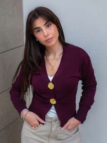 Hitanina 女士时尚休闲简约不对称纽扣针织开衫，精致设计毛衣上衣 - 酒紅色 - 查看 5