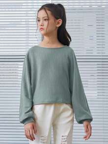 SHEIN Leap Crew Tween Girl 复古罗纹宽松短款长袖 T 恤 - 青碧色 - 查看 3