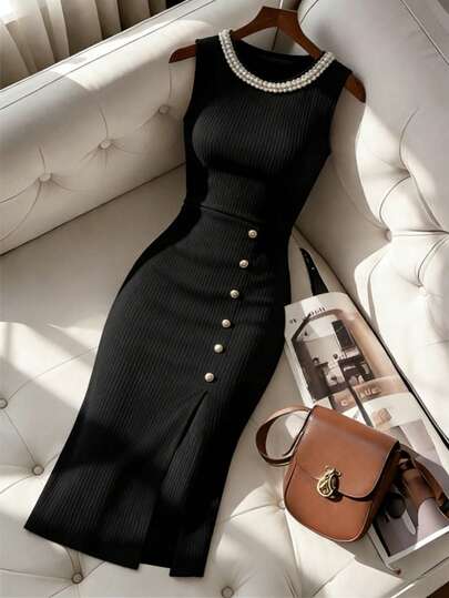 Franclia Women's Elegant And Casual Black Solid Color Pearl-Embellished Round Neck Sleeveless Ribbed Midi Dress With Slit; Summer Dress, Women's Summer Outfit, Spring Outfit, Valentine's Day Dress, Elegant Party Dress, Wedding Party Dress, Summer Holiday Outfit, Long Casual Dress, Women's Formal Dress, Women's Black Dress.Turkish Abaya, Arab Long Robe Fall Summer For Women