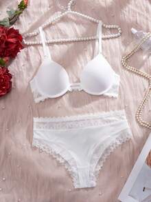 Crystal Vow 2pcs Lace Patchwork Minimalist Front Closure Women's Lingerie Set, Bridal Bra Set, White - White - View 6