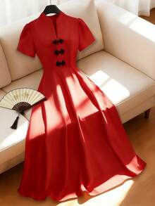 SHEIN Franclia 女士优雅缺角领纽扣腰身喇叭下摆连衣裙，夏季 - 紅色 - 查看 7