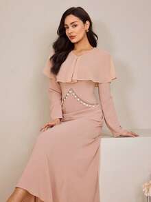 Graceveil Women's Elegant Dusty Pink Maxi A Line Dress With V Neck Long Sleeves And Flared Hem Woven Fabric Plain Design Featuring Zipper - Dusty Pink - View 7