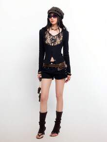 Bloopia Women's V-Neck Lace Patchwork Hollow Out Design Fashionable Chic Date Party Long Sleeve Top - Black - View 7