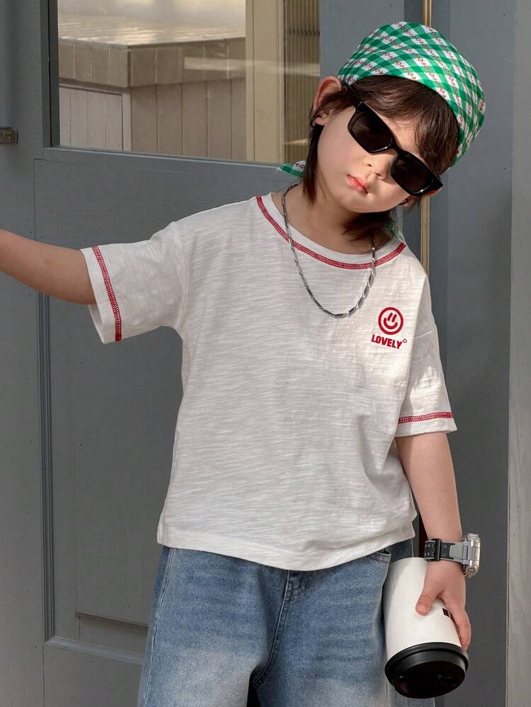 Young Boy Round Neck Letter & Smiling Face Print Casual Everyday T-Shirt Spring Summer