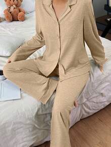 SHEIN 女士宽松舒适针织领长袖睡衣套装 - 卡其色 - 查看 3