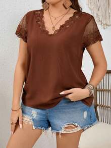 SHEIN Frenchy Plus Size Women's Lace Splicing Short Sleeve Summer Shirt Lace Trim Top, Going Out Tops - Coffee Brown - View 4