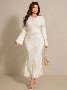 Elaquor Damen Große Größen Jacquard gerafftes langärmliges figurbetontes elegantes Kleid - Aprikosenfarben - Übersicht 5