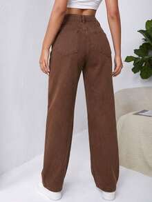SHEIN EZwear High Waist Slant Pocket Boyfriend Baggy Jeans Brown Pants Women Pants Brown Jeans Wide Leg Pants High Waist Pants - Coffee Brown - View 2
