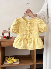 SHEIN Young Girl Woven Jacquard Casual Yellow Open Front Bow Tie Cropped Shirt - Yellow - View 2