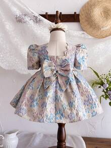 SHEIN Drömlik prinsessklänning i jacquard med puffärm och rund halsringning för ung flicka - Multifärgad - Visa 1