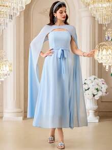 Modelyn Women's Elegant Party Dining Solid Color Hooded Long Dress Baby Blue Autumn - Baby Blue - View 5
