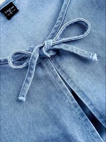 SHEIN MOD 女士休闲系带泡泡袖荷叶边下摆牛仔衬衫，夏季 - 淺色水洗藍 - 查看 3