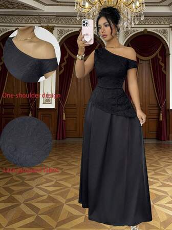 Rafferiza 女士优雅蕾丝拼接不对称领口连衣裙，修身长款正式礼服，适合约会、派对、婚礼等场合，轻盈飘逸，尽显优雅风范。