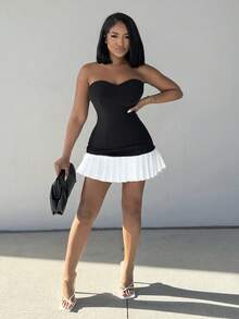 Alexandranx Old Money Woven Contrast Pleat Hem Dress Holiday Vacation Summer Brunch Elegant, Cute Wedding Guest Beach Fall Night Out Date Night Party Wedding Guest Christmas Party Thanksgiving Chic - Black and White - View 4