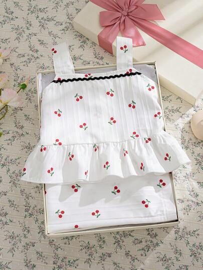 Souflis Souflis 2pcs/Set Infant & Baby Girl0-3 Years French Style Summer Outfit, Includes Ruffled Strap Vest With Cherry Print And Printed Pants, Fashionable & Cute, Suitable For Play, Home, School And Other Occasions