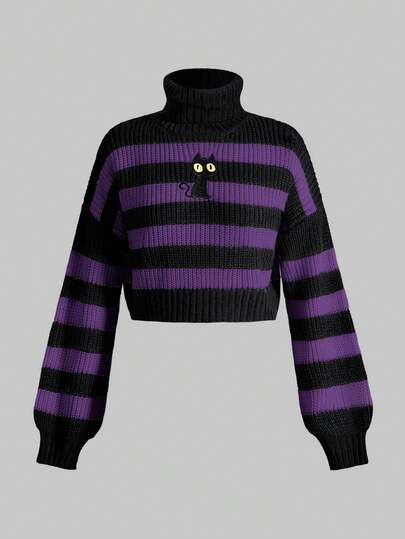 Kawaii Pull col roulé rayé avec broderie de chat noir mignon et décontracté pour filles