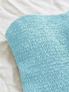 SHEIN Unity Navy Blue Vacation Style Pleated Sleeveless Halter Sexy Cinched Waist Hollow Embroidered Ruffle Hem Elegant Dress - Mint Blue - View 5