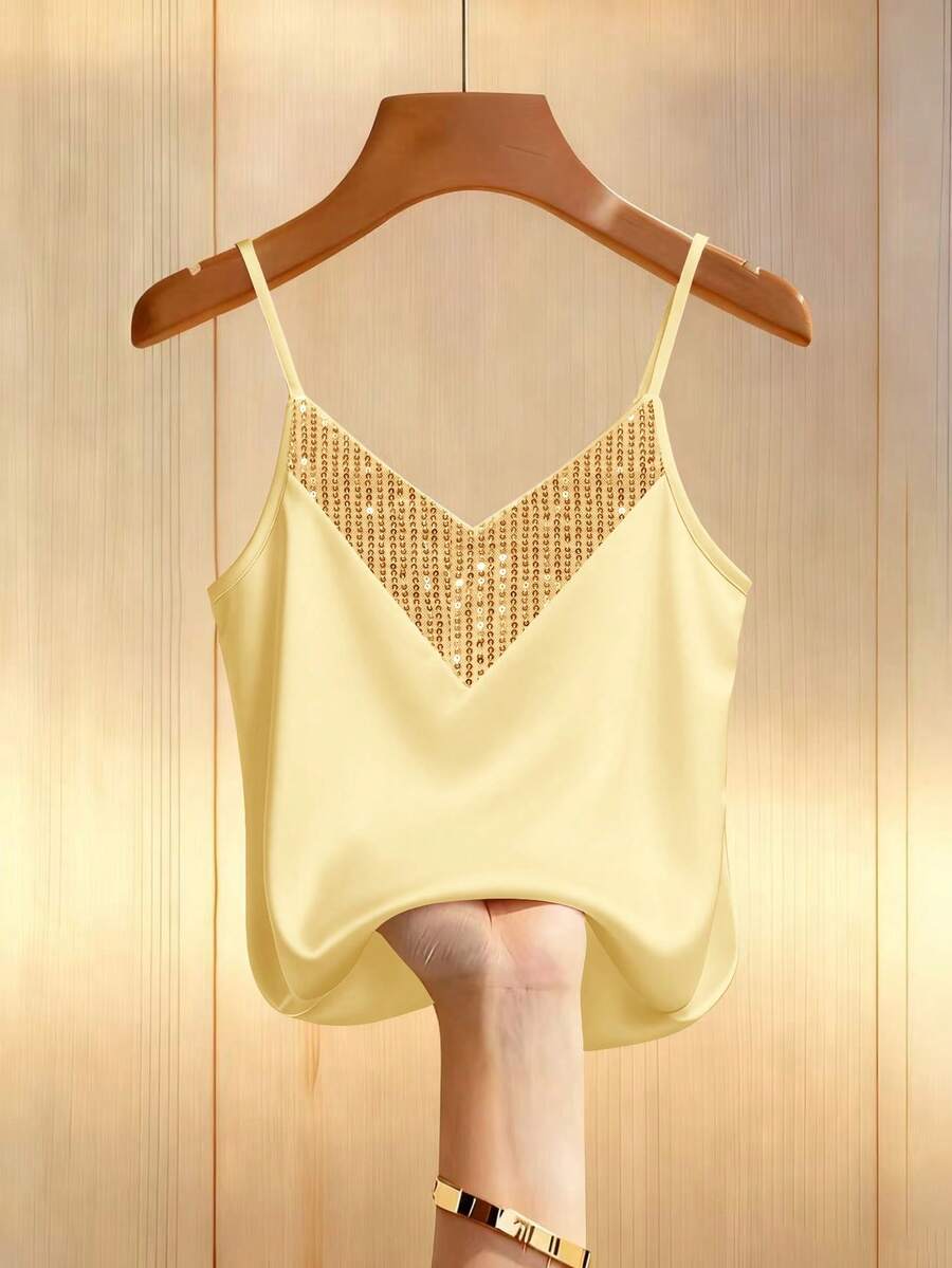 Franclia 女士时尚亮片拼接吊带背心，夏季 - 金色 - 查看 1
