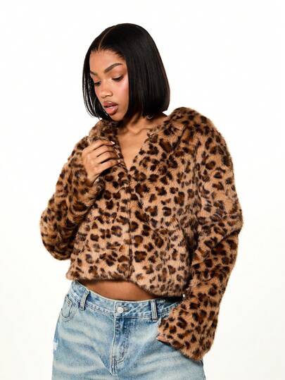 SUMWON WOMEN Hooded Leopard Print Faux Fur Coat Winter Outerwear Cropped Jacket With Hood Animal Print Cow Print Cheetah Print Bruno Mars