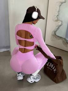 Sovereign Charm Women's Striped Print Backless Long Sleeve Top And High Waist Skinny Pants Activewear Set - Pink - View 5