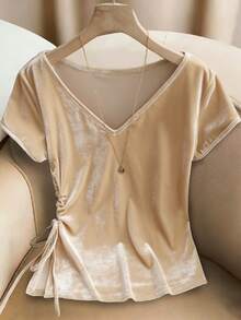 Resyla New Women's Satin V-Neck Ruched Cinched Waist Front Short Sleeve Blouse - Khaki - View 1