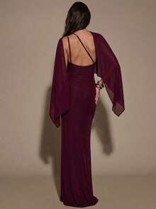 SHEIN BAE Women's Burgundy Summer Elegant Dining Dress,Off-The-Shoulder Halter Pleated Fitted Cape Cover-Up Tight Maxi Bodycon Evening Wear For Wedding Holiday - Burgundy - View 5