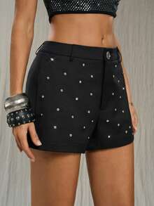 TRNVIE Women's Retro Sweet & Spicy Goth Style Metal Rhinestone Decor Polka Dot Mini Shorts - Black - View 8