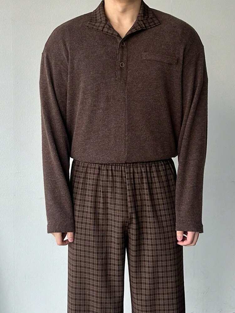 Brown Patchwork Collar Men's Shirt And Plaid Pants Suit Set, Spring/Autumn
