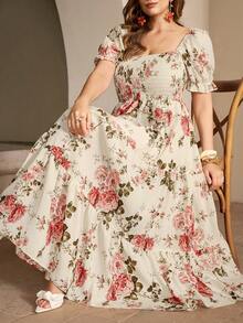 Roveilla 大码女装春夏新款印花方领短袖系带A字连衣裙 - 彩色 - 查看 1