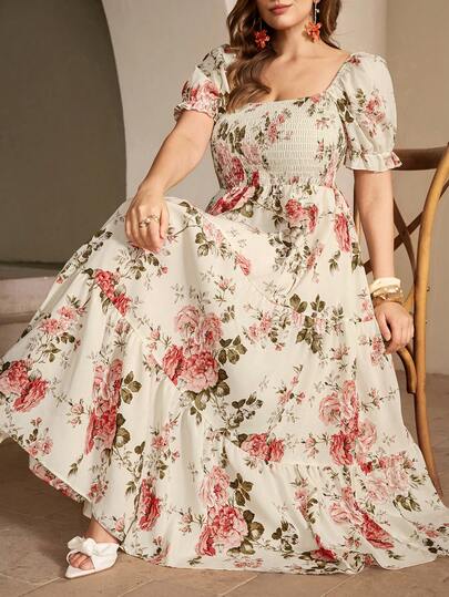 Vionelle Plus Size Women's Spring/Summer New Floral Print Square Neck Short Sleeve Belted A-Line Dress