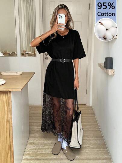 Easowa Women's Solid Color Round Neck Short Sleeve Loose Casual T-Shirt Lace Dress, Fashion Outfit For Going Out And Commuting, 95% Cotton Comfortable,Casual