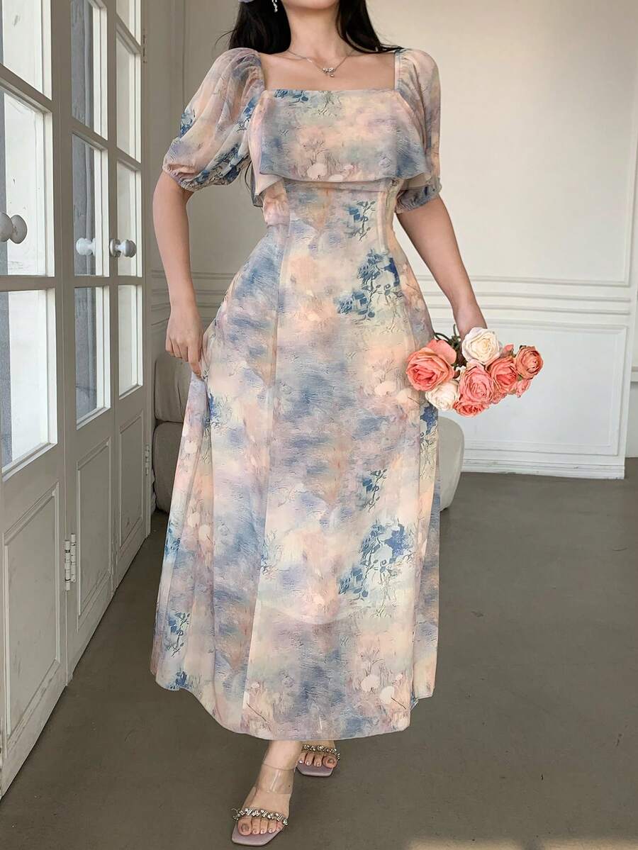 DAZY Women's Elegant Floral Print Long Dress With Square Collar, Summer - Pink - View 1