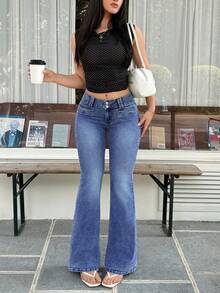 Flirla Quần jeans ống loe cạp thấp, giặt mài, phong cách thường ngày - Màu xanh lam - Xem 6