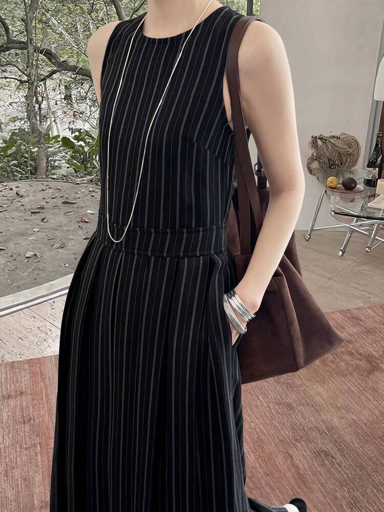 Women's Casual Striped Sleeveless Midi Dress, Suitable For Daily Commute In Summer
