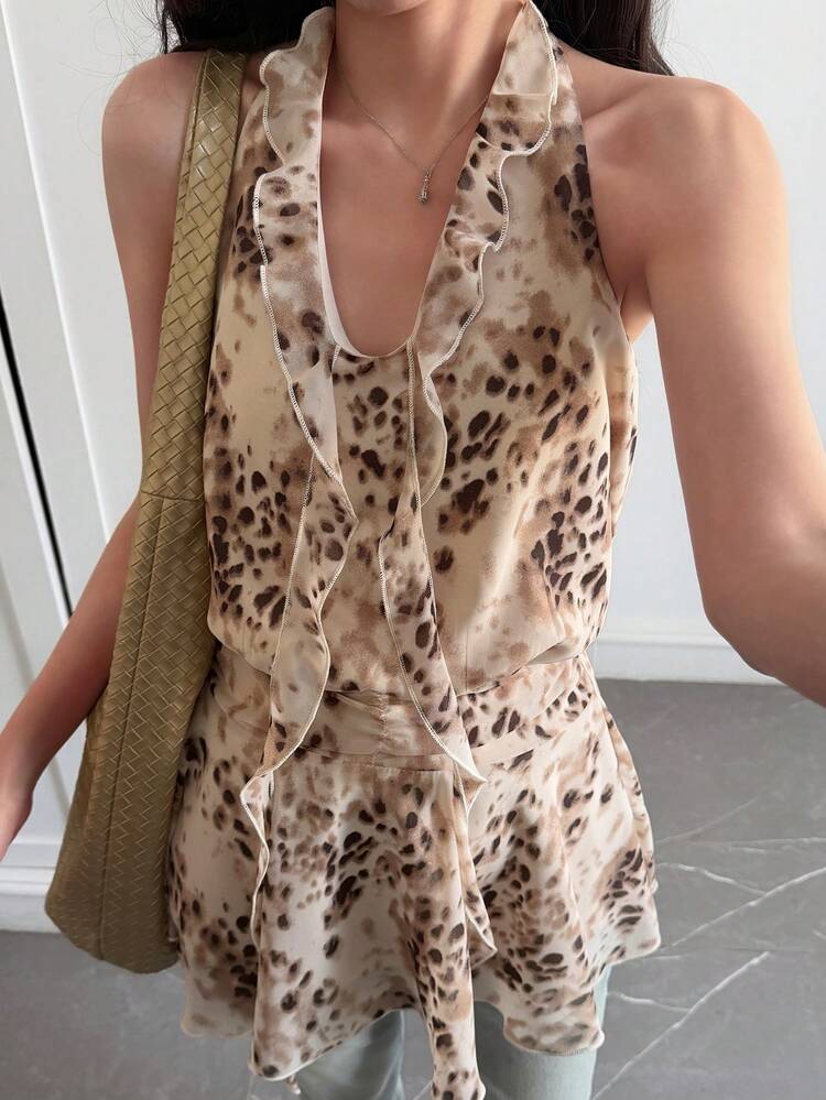Women's Leopard Print Patchwork Ruffle Trim Halter Neck Top Summer