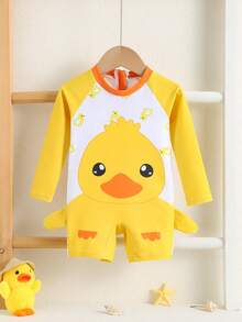 SHEIN Bubblio Áo tắm dài tay chống nắng cho bé trai/bé gái, họa tiết vịt phối màu tương phản dễ thương, thích hợp cho bãi biển, bơi lội, mùa hè. - Màu vàng - Xem 4
