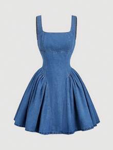 SHEIN MOD Women's Casual Waist Cinched Sleeveless Denim Dress, Summer - Blue - View 1