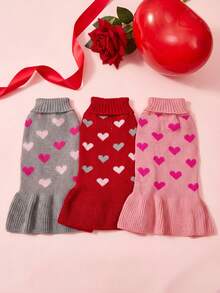 1pc Princess-Style Lapel Heart Two-Tone Knitted Soft Single-Layer Skirt Pet Cat/Dog Sweater Dress - Multicolor - View 2
