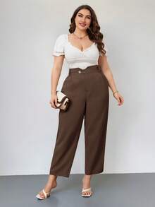 Firerie Plus Size Women's Solid Color Pleated Casual Versatile Wide Leg Pants For Daily Wear - Mocha Brown - View 5