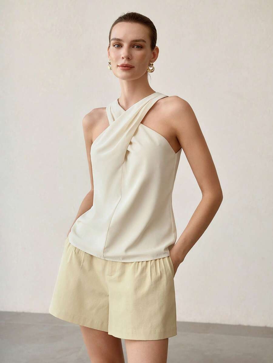 MOTF PREMIUM WOMEN'S APRICOT SLEEVELESS CRISS-CROSS HALTER NECK ELEGANT TOP - Apricot - View 2