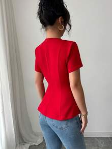 Elenzga Tall Áo kiểu nữ dáng chữ A màu trơn, cổ tròn, thắt eo, tay ngắn, có nơ trang trí, khóa kéo sau lưng, thích hợp cho đi làm, đi nghỉ mát, mùa xuân/hè. - Đỏ - Xem 2