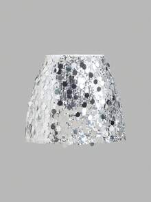 SHEIN PETITE Chân váy mini ôm sát dáng chữ A, cạp cao, lấp lánh, thắt nơ, thích hợp cho mọi mùa. - Bạc - Xem 2