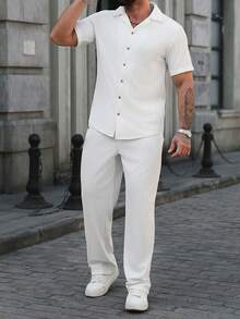 Manfinity Homme 男士纯色插肩短袖两件套，男士休闲西装，男士两件套，适合日常休闲穿着、周末旅行、户外活动、轻松的工作环境或半正式场合，也是送给男友/丈夫、周年纪念日的理想礼物。 - 白色 - 查看 6