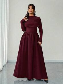 Elenzga 大码女式长袖露肩立领A字优雅浪漫连衣裙，秋冬款 - 酒紅色 - 查看 4