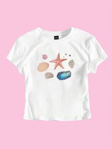 StreetHx 女士夏季露脐短袖T恤，海洋生物海星贝壳牡蛎Y2K露脐短袖白色婴儿T恤 - 白色 - 查看 4