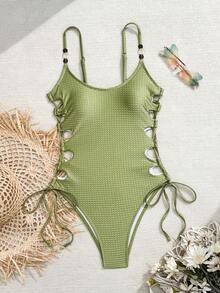 Swim Chiccia 1 bộ áo tắm liền thân màu xanh lá cây trơn, chất liệu vải sần, đính hạt cườm, dây mảnh, hở lưng, thích hợp cho kỳ nghỉ biển. - màu xanh lá - Xem 5