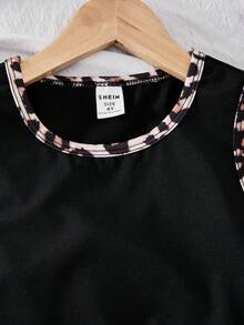 SHEIN Sparklyn 两件套女童针织修身吊带背心搭配针织数码豹纹直筒裤，饰有3D蝴蝶结，美式休闲复古风，适合春夏日常穿着 - 彩色 - 查看 7