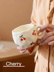 1pc Ins Style Hand-Painted Cherry & Strawberry Ceramic Cup, Asymmetrical Embossed Body, Breakfast Coffee Mug, Girly Desktop Water Cup, Party Afternoon Tea Cup, Red Tea Cup, Large Capacity Water Mug, Coffee Cup - Multicolor - View 11